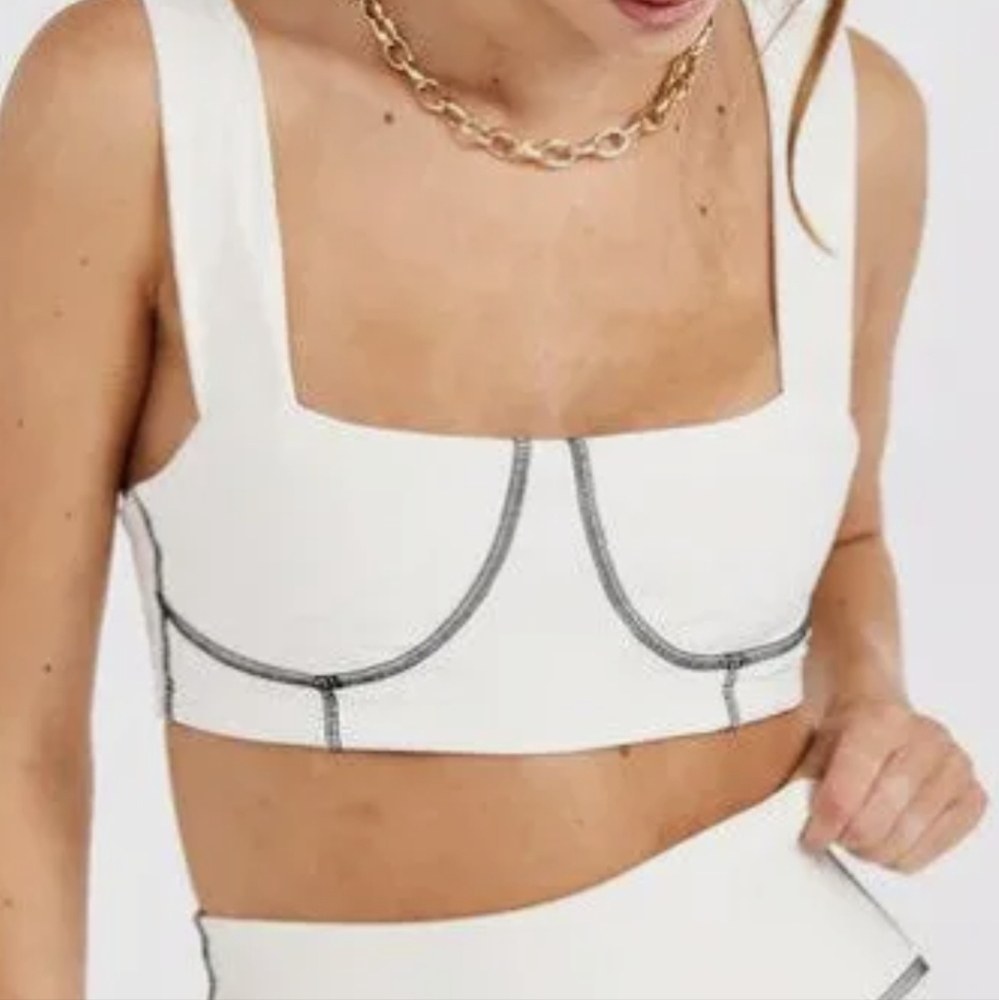 NWT WE WORE WHAT White Crop Corsett Top with Black Stitching